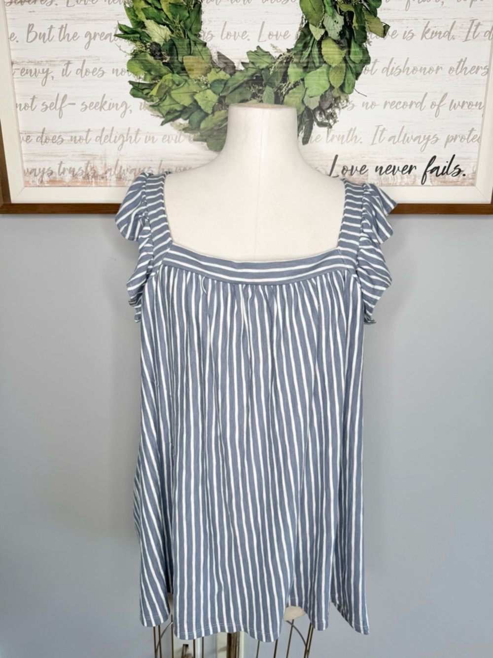 2x , 3x. LC Lauren Conrad Blue and White Striped Ruffle Sleeve Tank - Picture 2 of 10